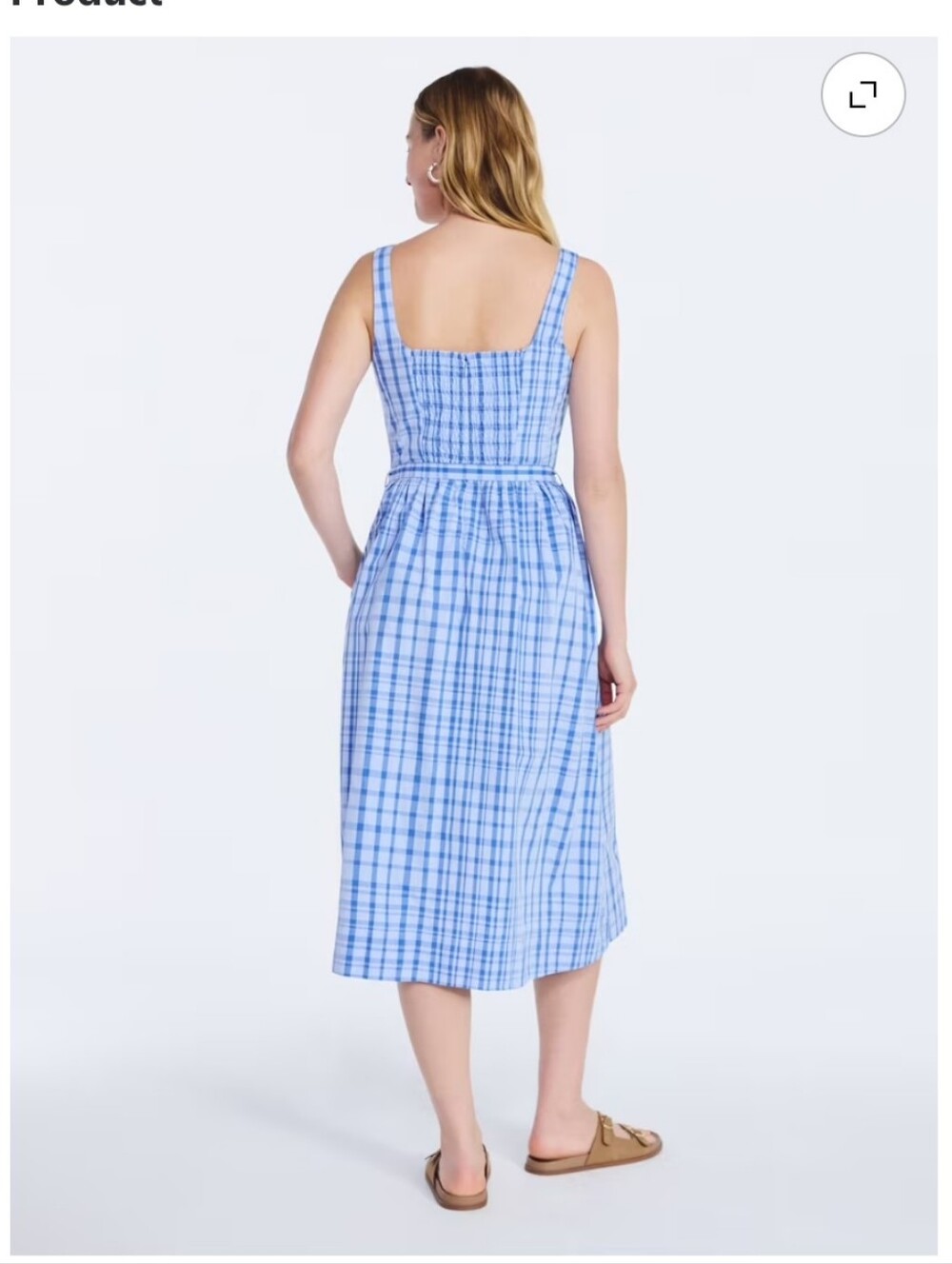 Cotton Light Blue Plaid Midi Dress